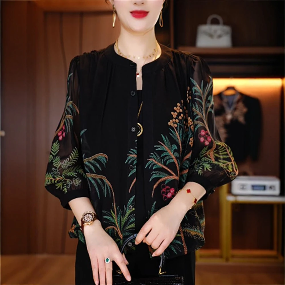 时尚新款印花薄款七分袖翻晒衬衣E夏季气质穿搭宽松显瘦女装外套