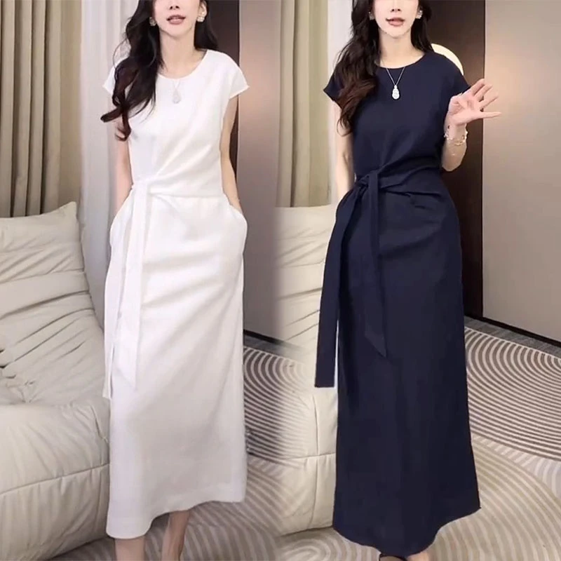 2025夏季新款时尚法式设计感连衣裙女气质显瘦拼接系带短袖休闲裙
