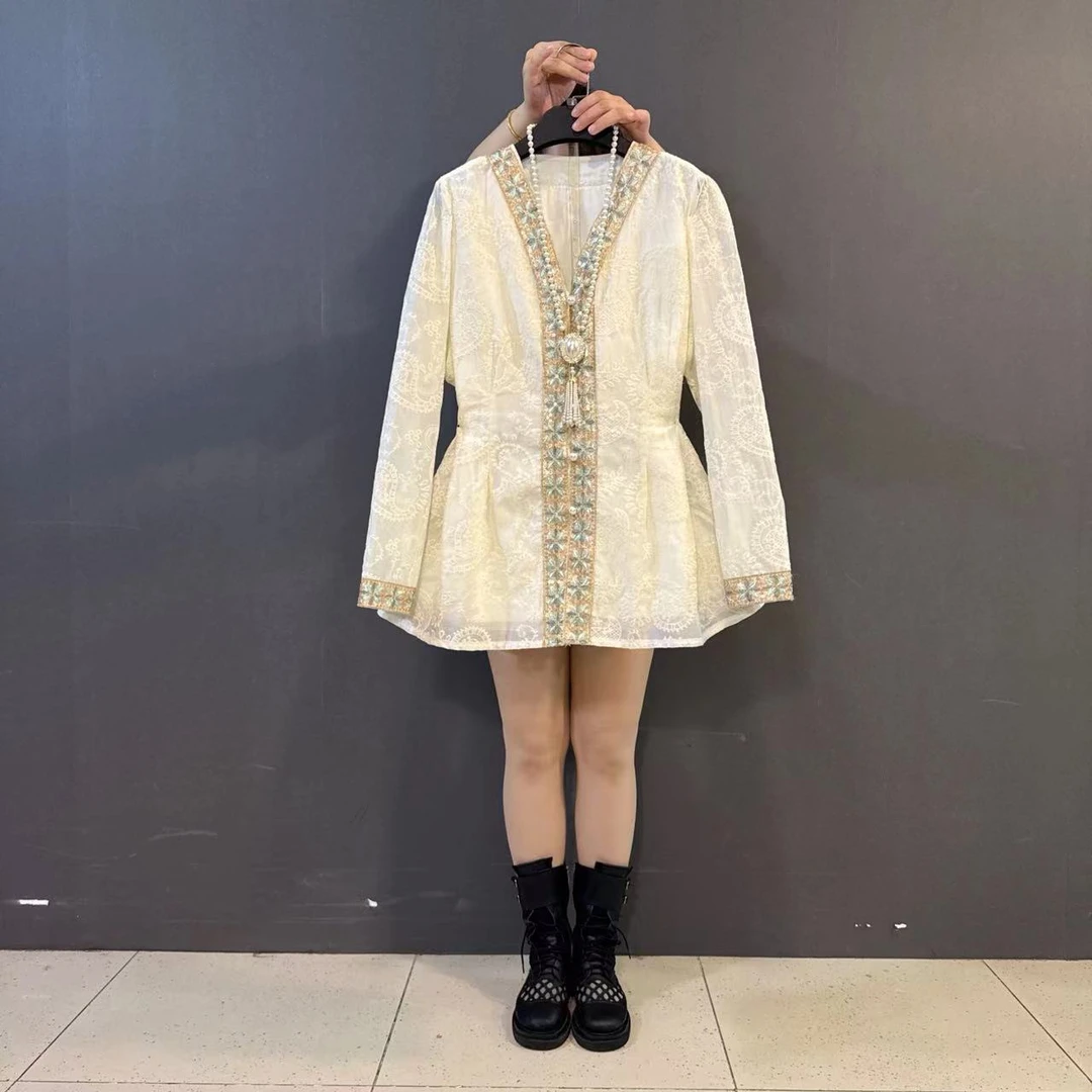 大码秋季新款V领国风显瘦气质上衣长袖小衫