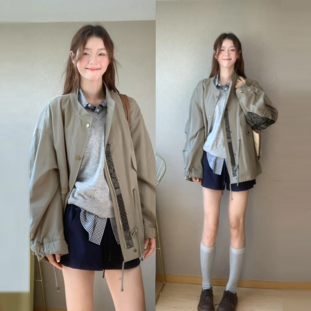 早秋高级感韩系短款宽松外套女装2025新款爆款长袖设计感工装风衣