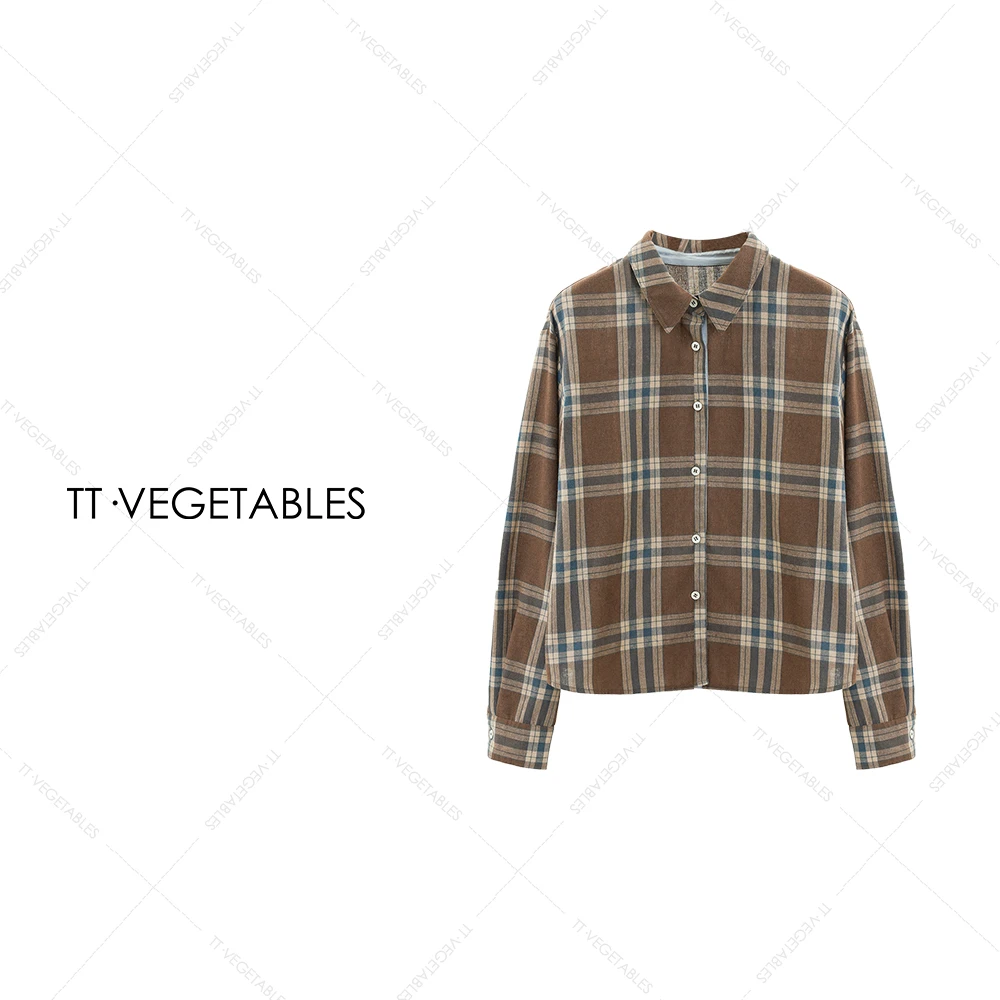 TT・VEGETABLES【序白】连霏 棉拼接格子翻领秋季衬衫薄款上衣521695