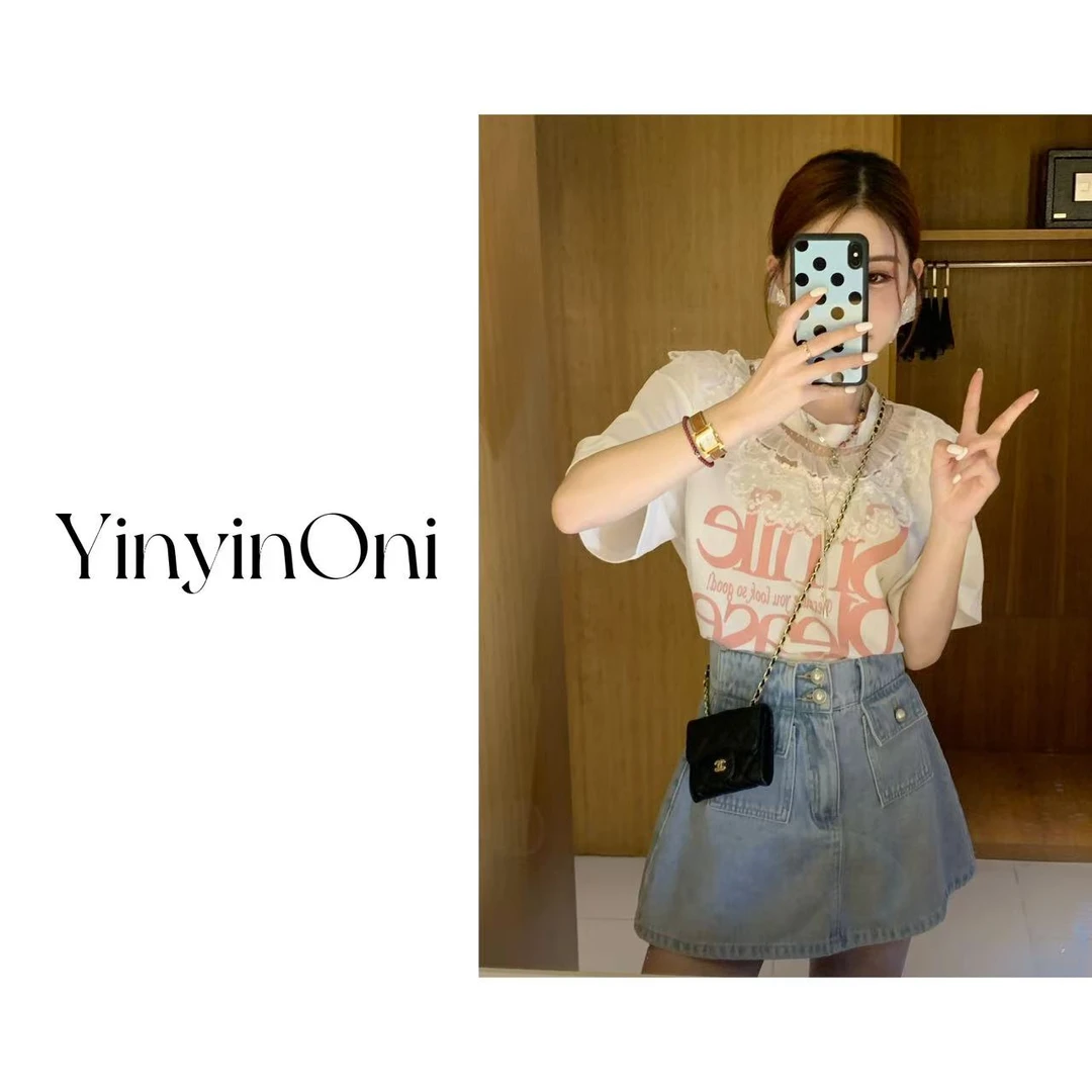 茵茵欧尼（特调果茶）透视蕾丝重工短袖T恤 韩版气质时尚ins上衣女