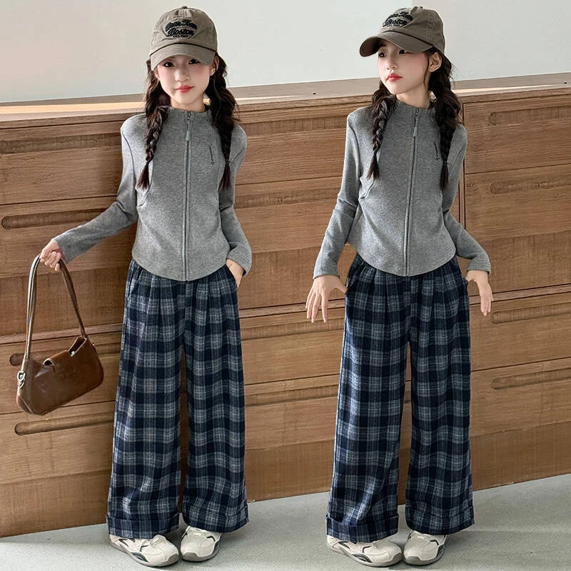 【现货】女童秋装套装2025新款儿童韩系穿搭女孩春秋时髦格子两件套