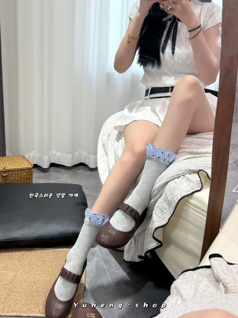 夏季薄款少女芭蕾风灰色格子花边长筒中筒堆堆袜