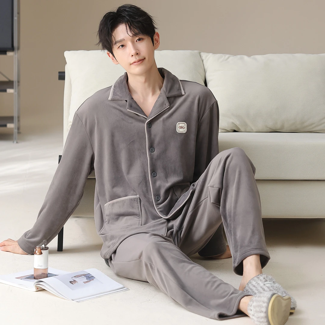 YIHAN-海岛绒睡衣男中厚加绒加厚保暖长袖高档冬天厚实家居服套装