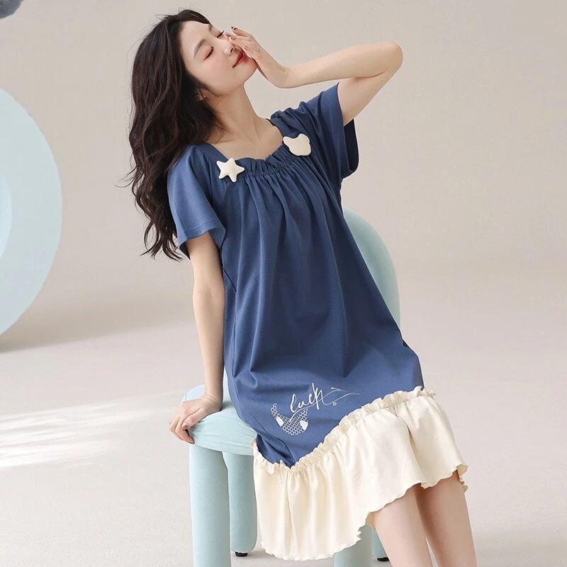 维多利亚睡裙女夏季纯棉方领甜美可爱2025新款可外穿短袖睡衣薄款