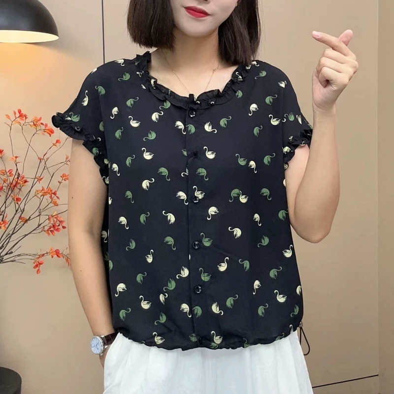 夏季新款时尚洋气爱心印花短袖法式衬衫休闲设计感减龄洋气上衣