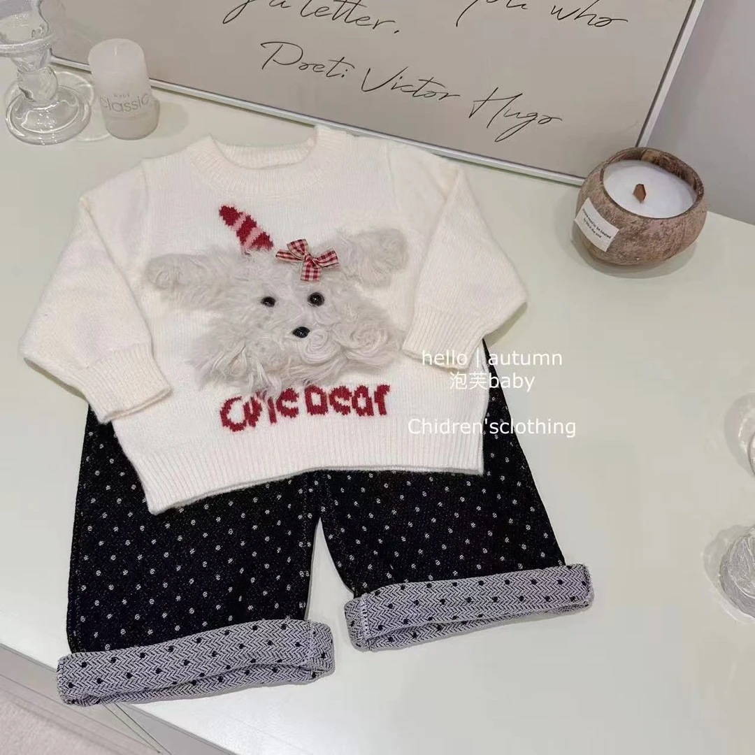 【泡泡格子】现现在仓！秋冬女童立体毛绒小狗可爱套头毛衣波点裤套
