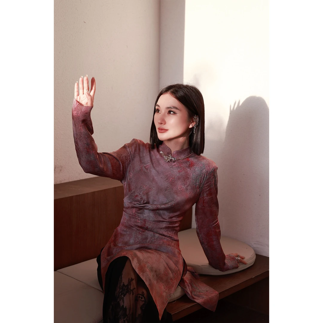 【妙妙精选】HUANGNAJI芙蓉-时尚气质桑蚕丝设计感荡褶印花上衣1309