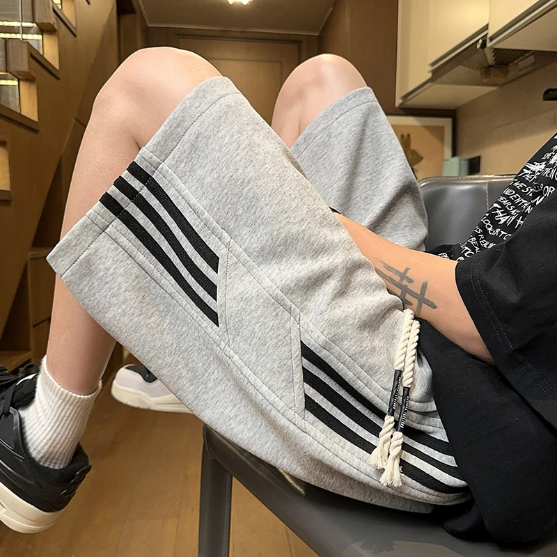 夏季条纹男短裤潮流宽松直筒大码休闲阔腿薄款外穿五分裤ins中裤