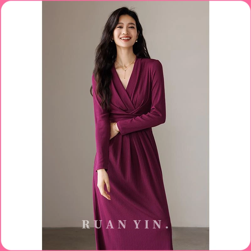 花样话题绝美高级感轻礼服秋季收腰显瘦v领绑带玫紫色长袖连衣裙