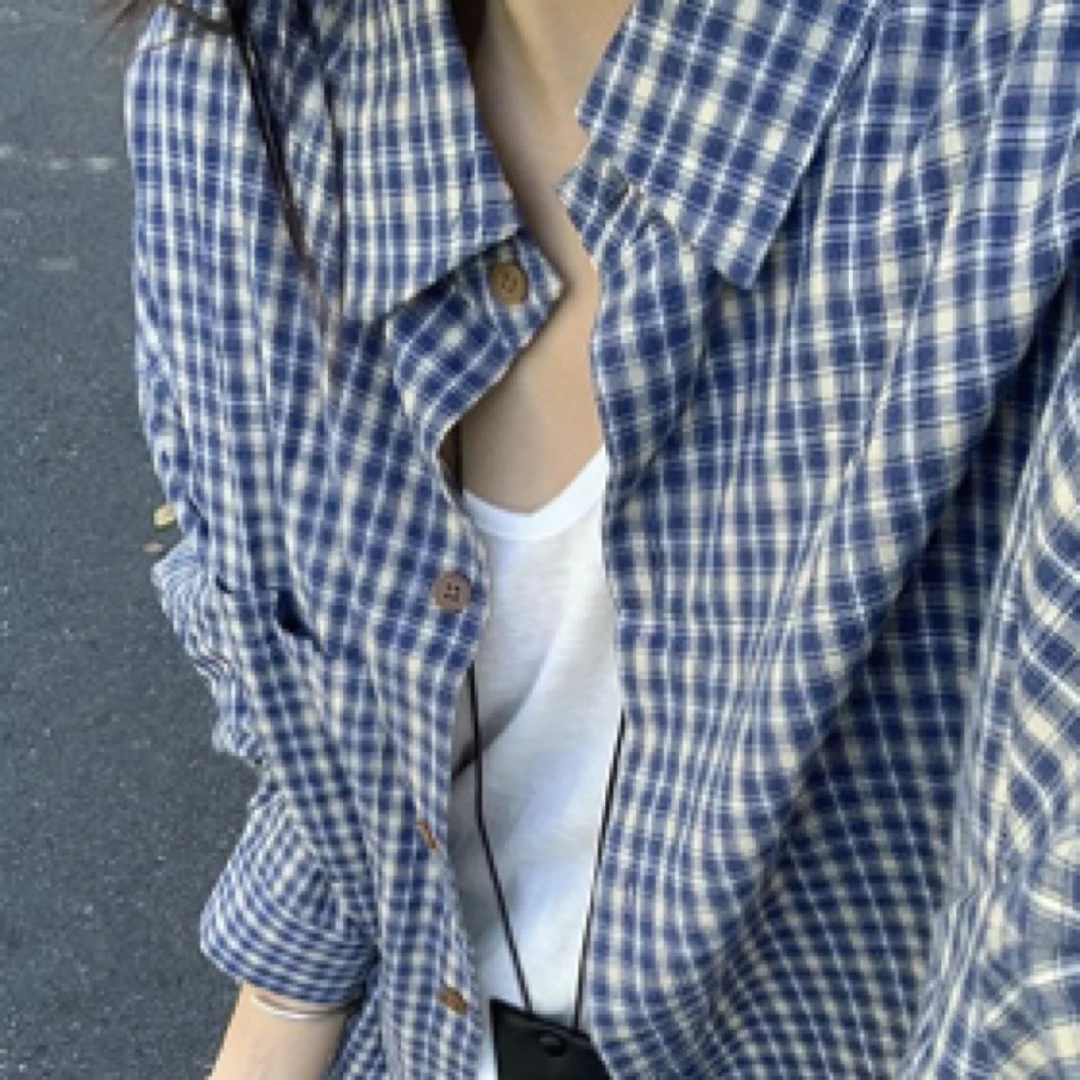 复古慵懒风格子衬衫女夏季薄款防晒衣韩版休闲长袖通勤小衫外套