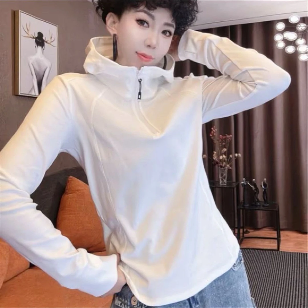 2025秋冬新款纯棉女士卫衣拉链纯色连帽慵懒风长袖打底上衣