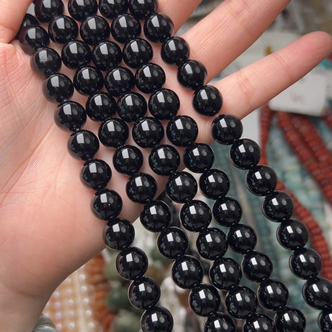 玛瑙/玉髓合金珠宝半成品L722。10mm精品天然黑玛瑙圆珠一条