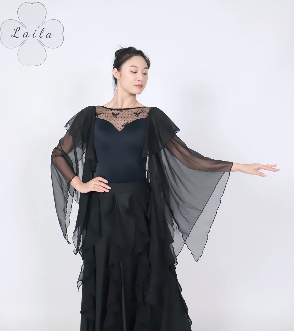 Laila摩登舞服新款上衣《月华轻纱》黑色仙气夏季雪纺摩登练习服