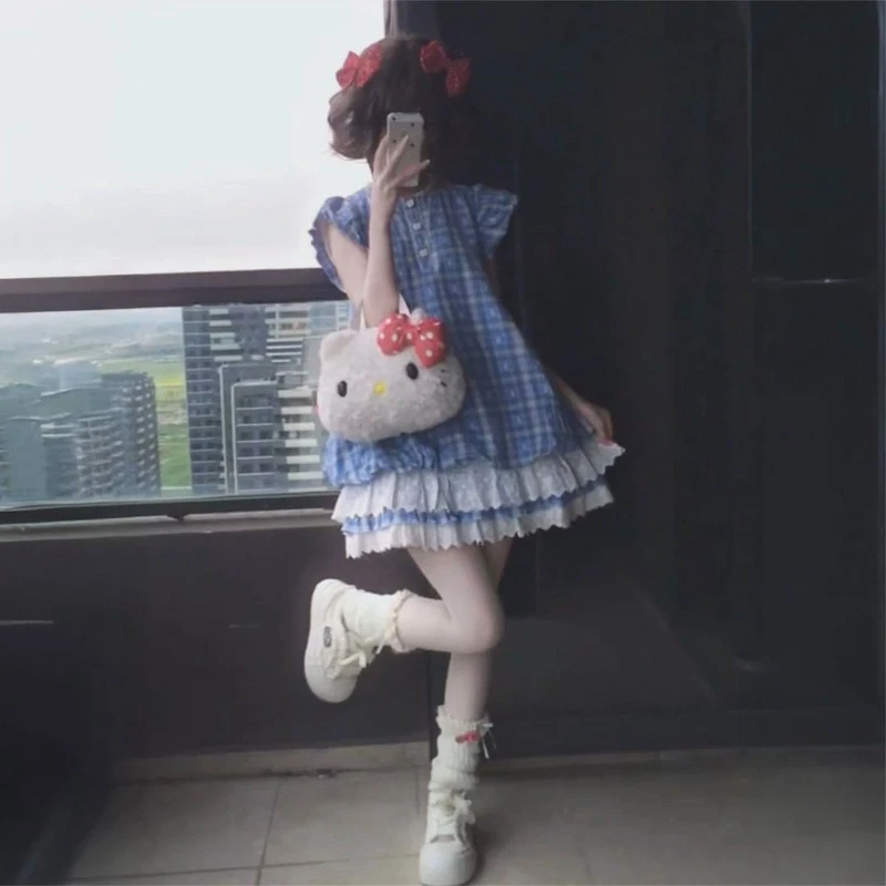 日系甜美小个子小熊格纹印花连衣裙女夏季新款可爱少女蛋糕花苞裙