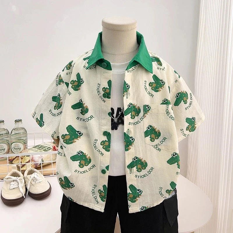 男童夏季短袖衬衫薄款2025新款儿童透气衬衣帅气男孩卡通恐龙上衣