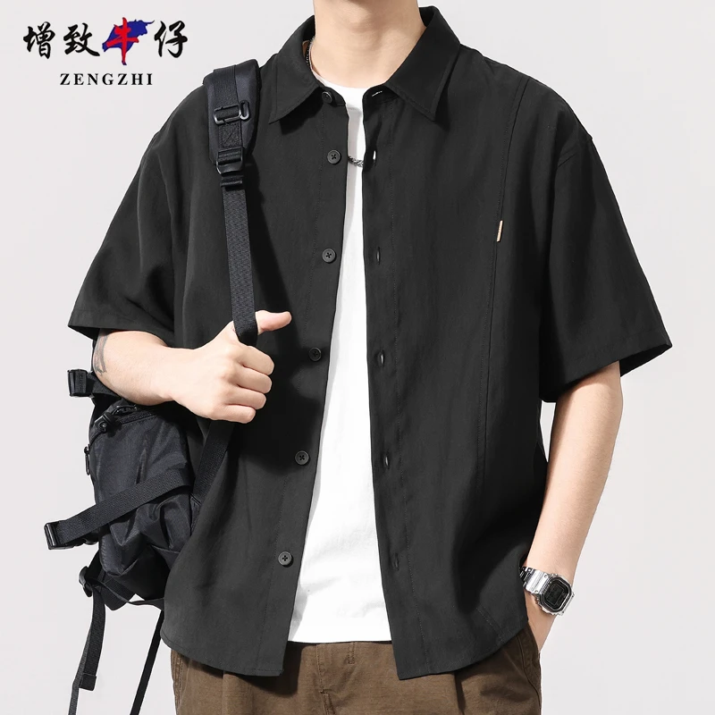 ZENGZHI/增致牛仔夏季男士休闲衬衫宽松半袖衬衣短袖薄款冰丝黑色