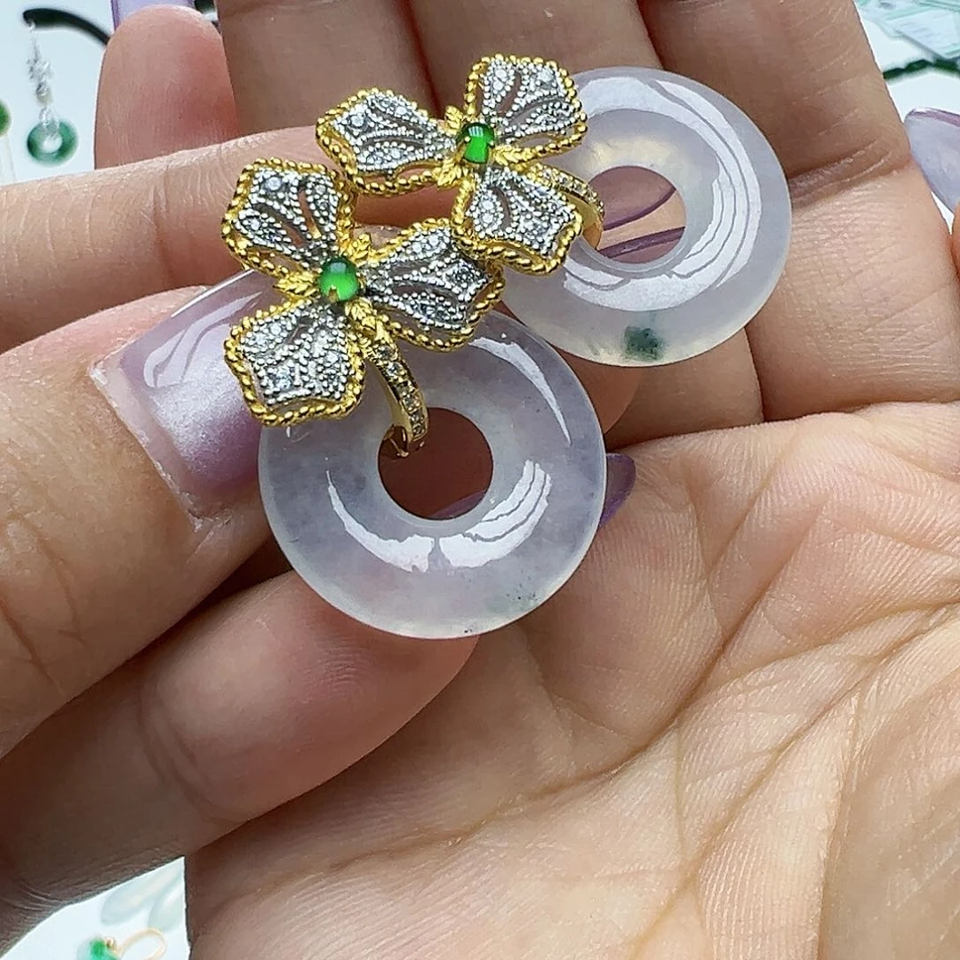 翡翠银S925镶嵌耳饰琥***花天然缅甸A货翡翠