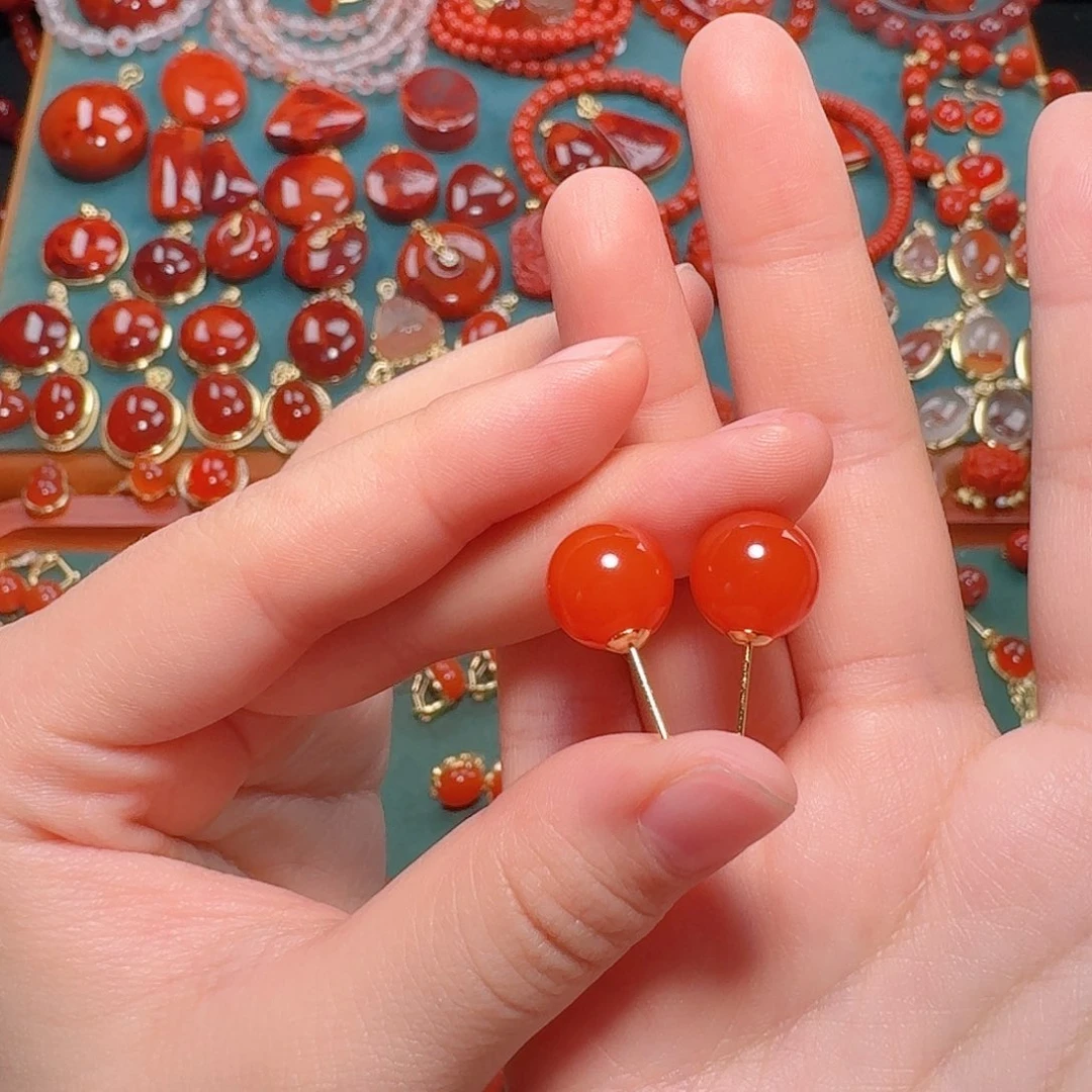 南红玛瑙银S925镶嵌耳钉