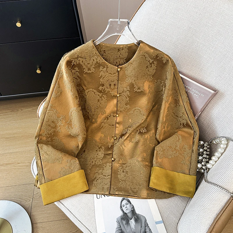 新中式气质民族风缎面重工提花刺绣人丝国风盘扣改良长袖上衣新款