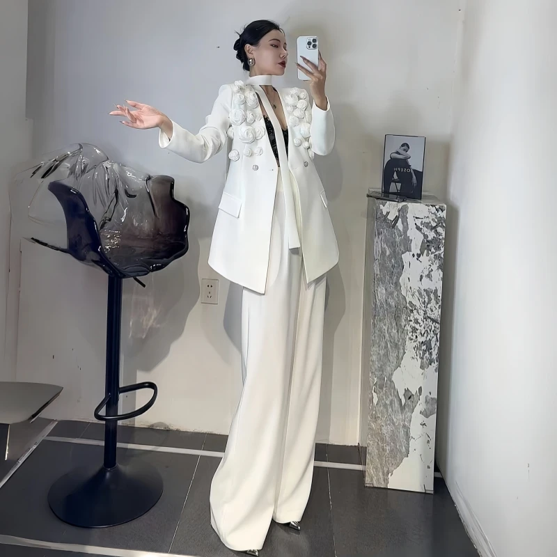 气质职业装女套装气质显瘦高腰阔腿长袖西装外套高腰直筒裤套装潮