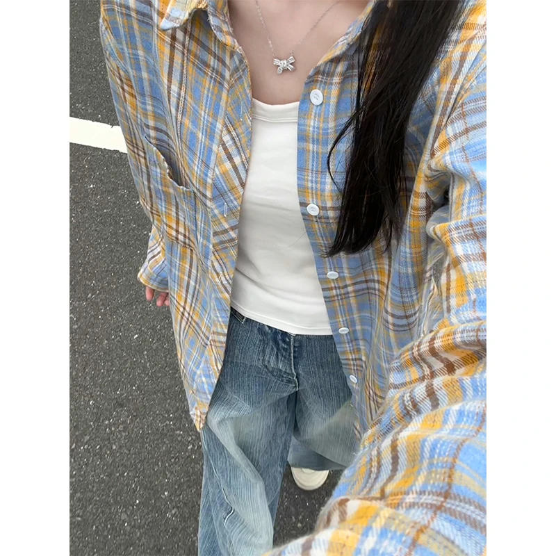 美式黄蓝格子长袖衬衫男女秋季氛围感穿搭高级感潮流复古情侣衬衣