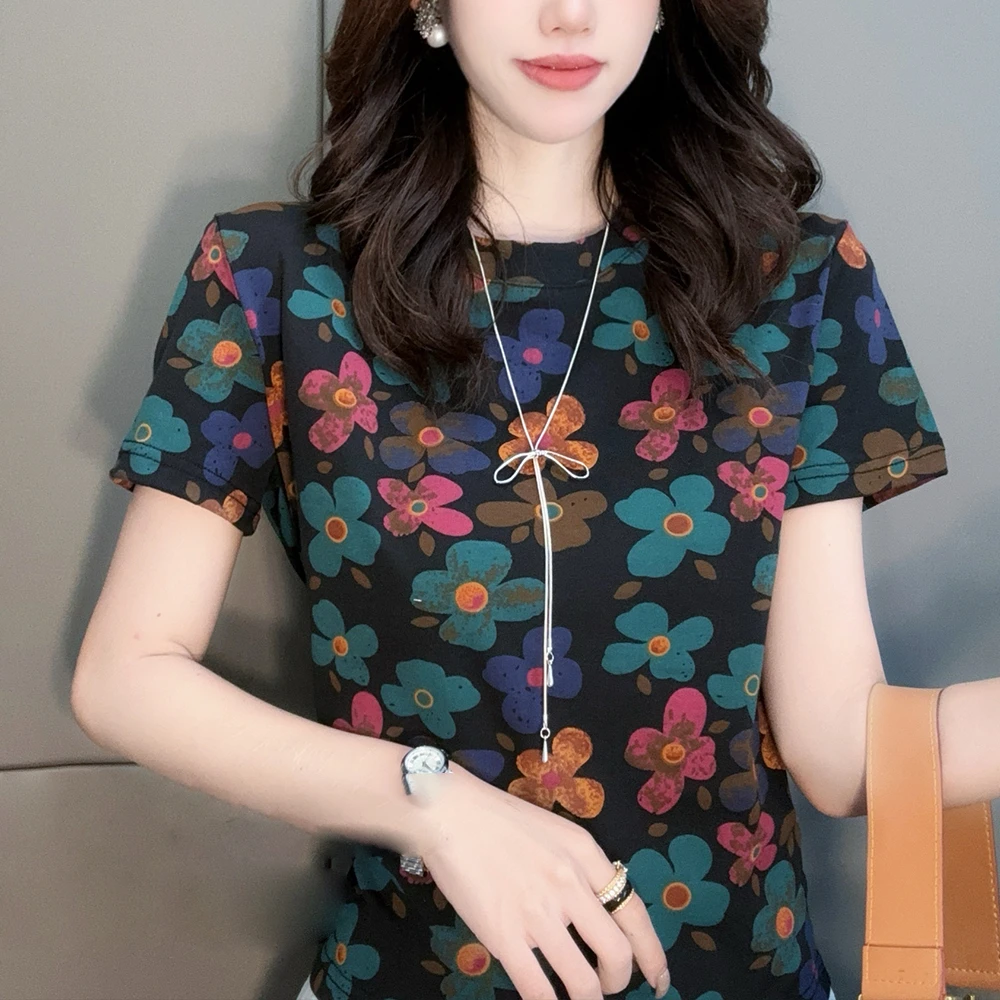 黑色花朵 夏季时尚女士碎花短袖百搭别致设计印花圆领T恤上衣1748