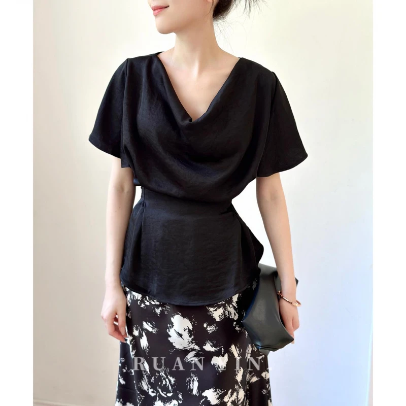 阮音轻奢高级感缎面醋酸飞飞袖腰间系带收腰衬衫女2025夏新款上衣