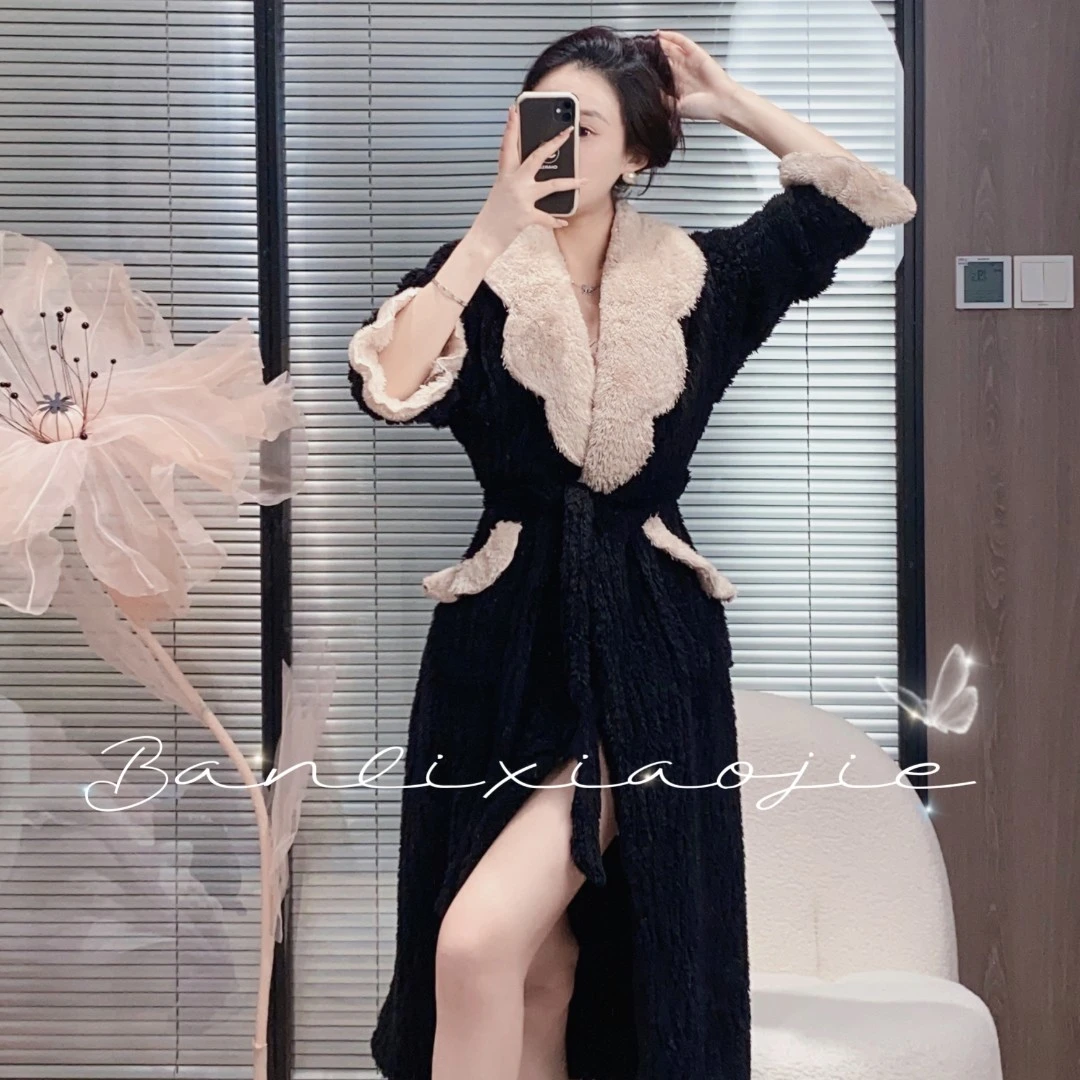 板栗小姐【卿羽A】冬季新款轻奢气质睡袍加厚加绒长款女睡衣家居服