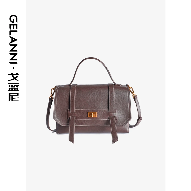 GELANNI复古植鞣手提剑桥包百搭真皮腋下通勤学院风