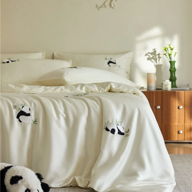 可爱熊猫刺绣丨A类100兰精天丝四件套夏季凉感冰丝床单床上用品