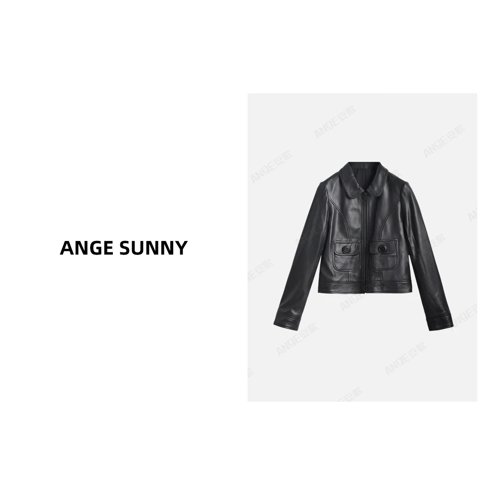 ANGE SUNNY【刘诗诗同款 凯旋门羊皮外套】时尚双口袋长袖皮外套