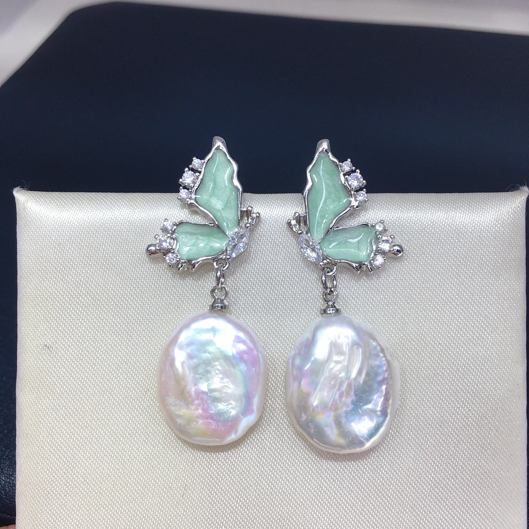 诸暨珍珠方形巴洛克天然淡水珍珠耳钉女法式彩釉蝴蝶珍珠耳饰时尚