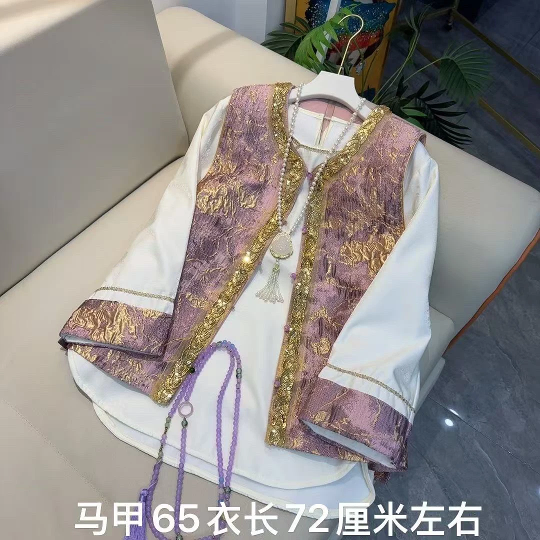 重工唐装烫金提花钉珠国潮风夹棉马甲圆领加绒加厚打底衫（单拍）