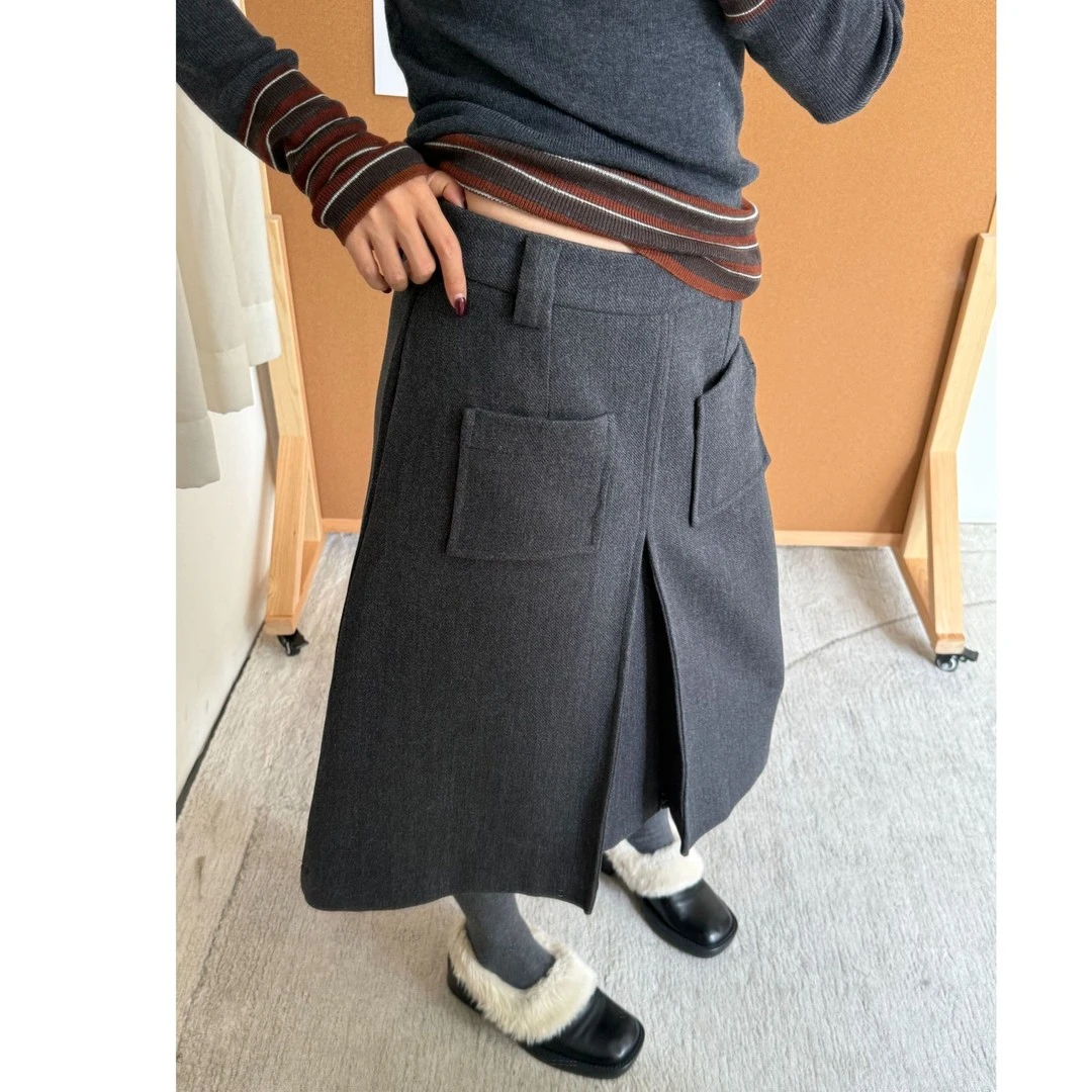 大码女装 2025秋冬前口袋压褶毛呢半身裙韩系高腰A字裙中长裙女