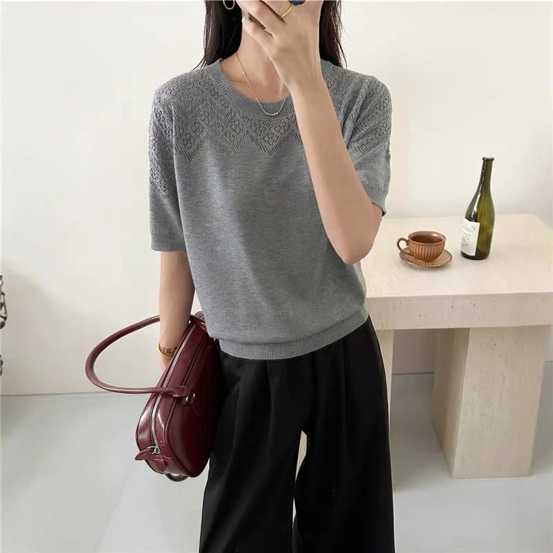 天丝细麻精品/冰感透气/重工勾花团案针织衫A234灰