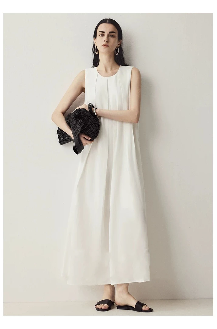 100%天然亚麻极简松弛老钱风度假连衣裙