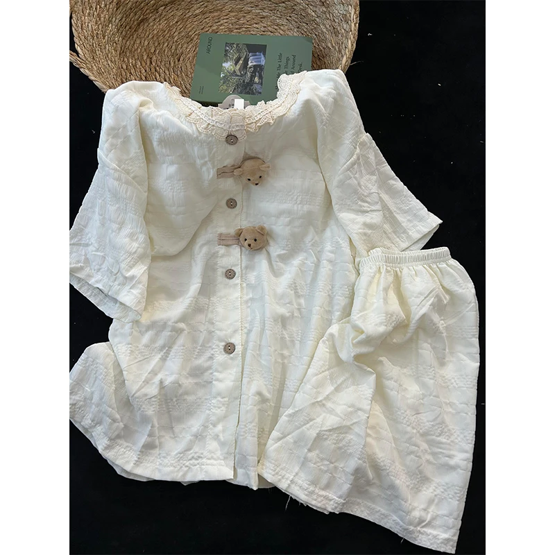 【小熊纽扣】韩系可爱简约纯色睡衣女夏季爆款蕾丝边短袖家居服套装