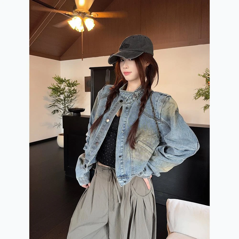 2025秋季新款美式辣妹风设计感高级百搭拉炼宽松长袖牛仔短外套女