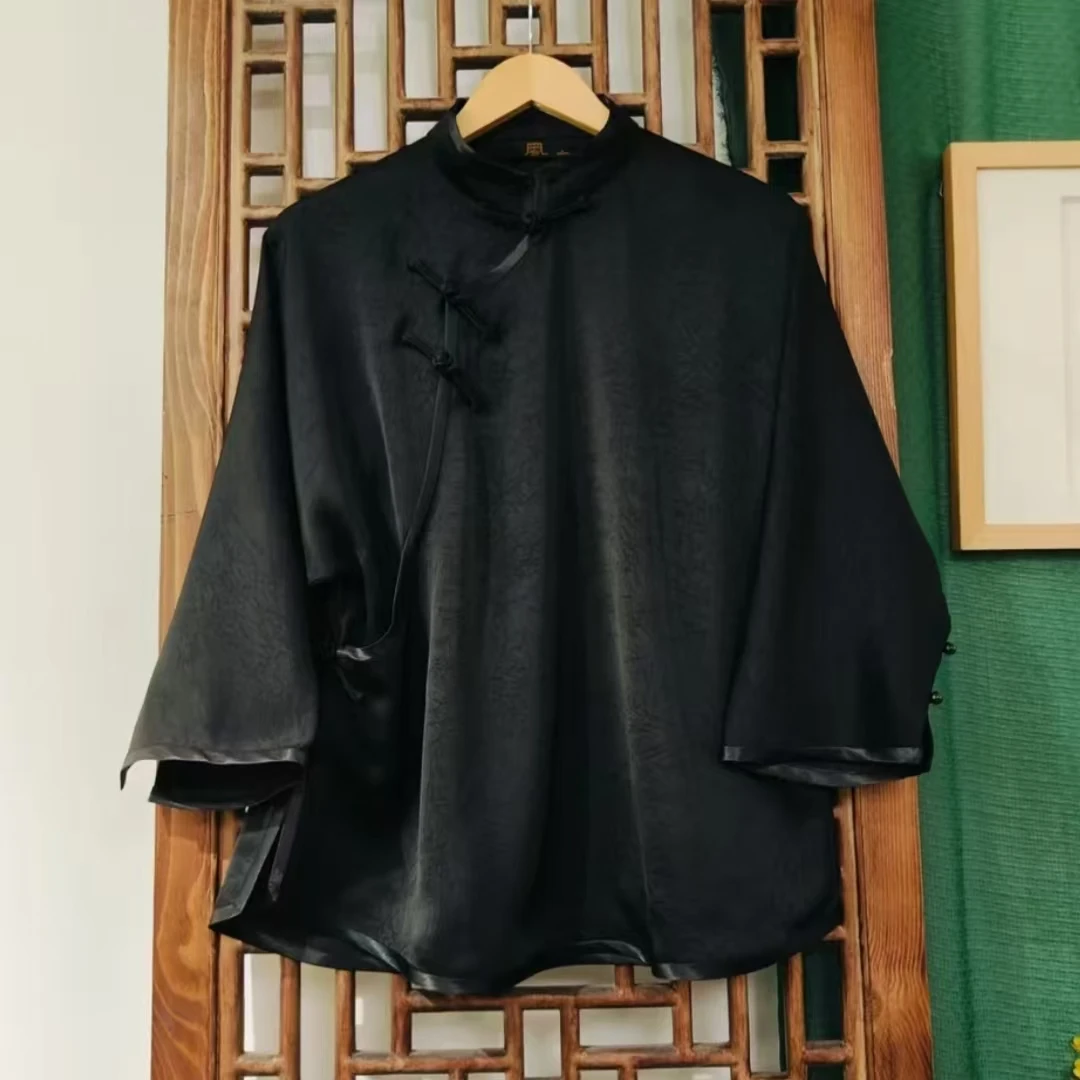 凤徕兮私人定制黑色光板黑包边斜襟盘扣短上衣（LS605）黑