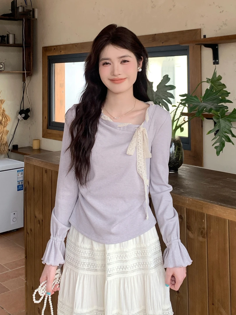 法式紫色温柔风斜肩长袖t恤女秋季短款修身蝴蝶结系带打底衫上衣