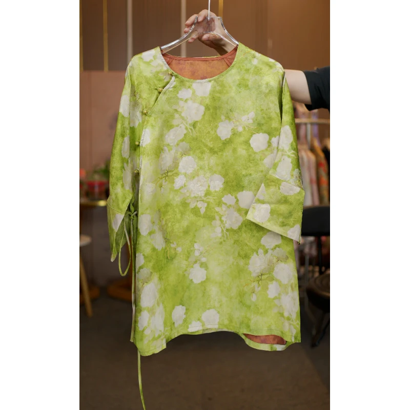 春夏高定圆领中袖上衣163-清新薄荷重工花萝老料时尚高级国风上衣