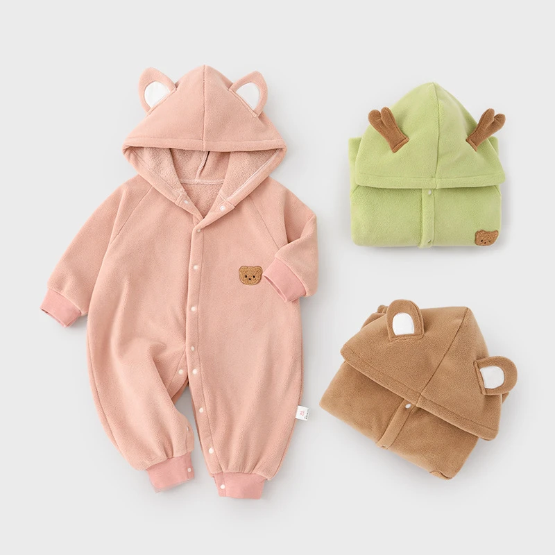 婴儿保暖连帽连体衣春秋季宝宝保暖哈衣爬服新生儿衣服超萌外出服