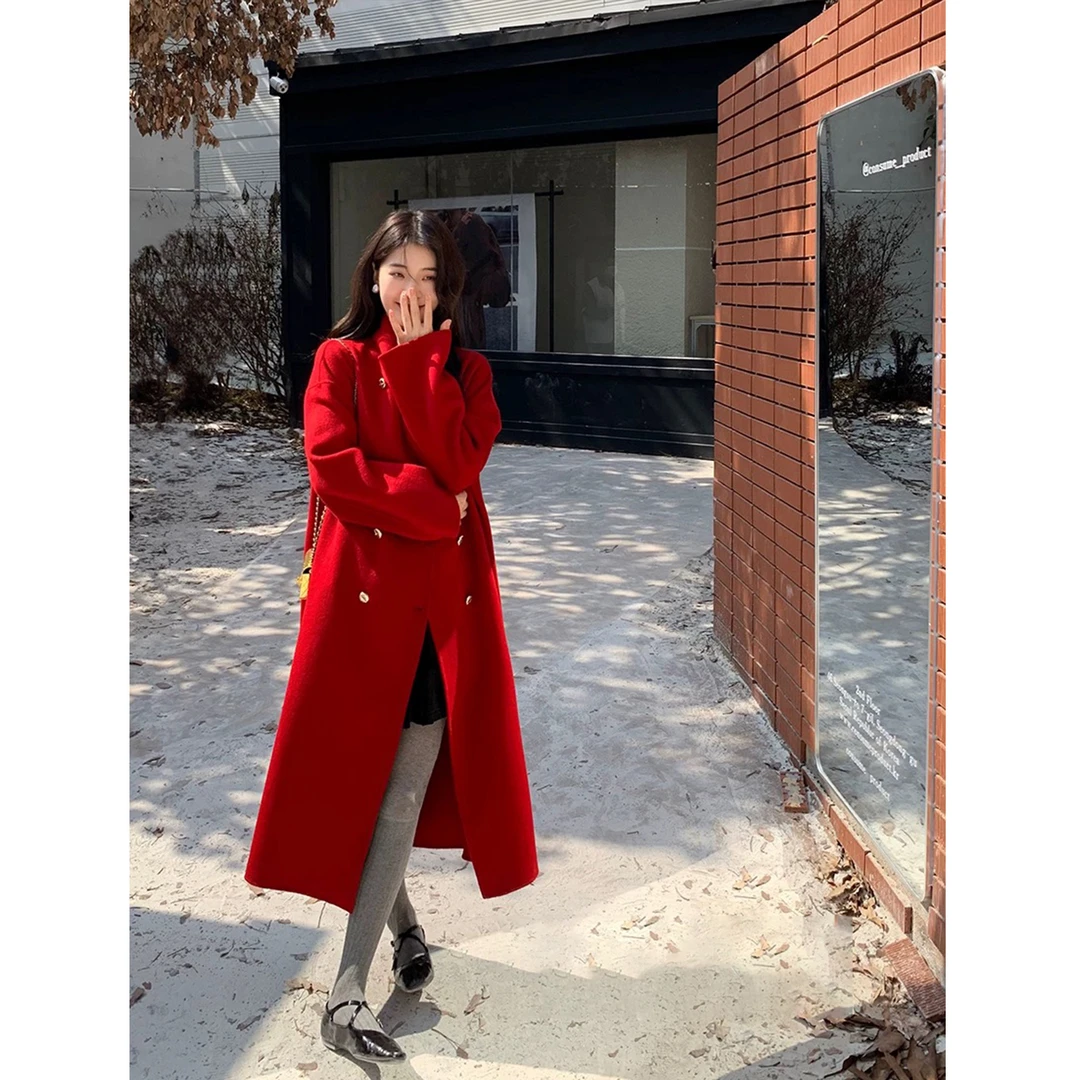 珐悦100羊毛大衣女立领温柔长款加厚显瘦宽松洋气冬双面外套23001