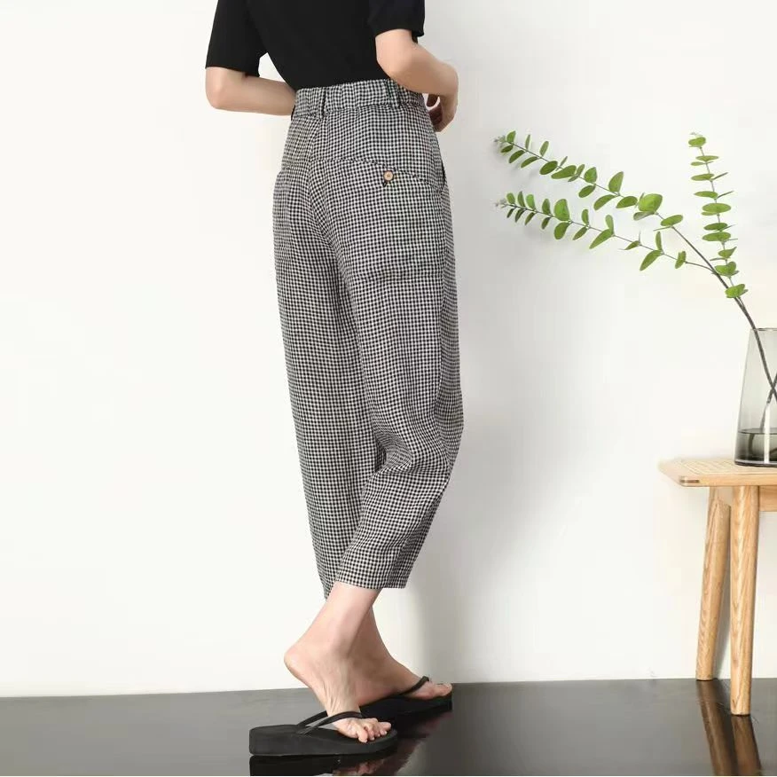 格子九分裤女2025夏季新款韩版高腰宽松显瘦小个子垂感哈伦休闲裤