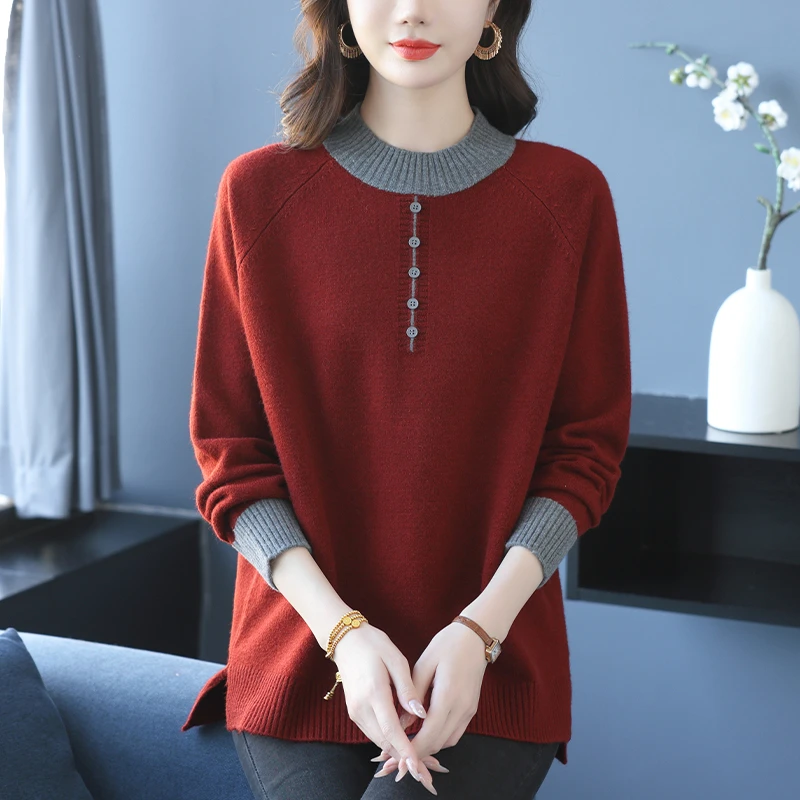 秋冬大码洋气长袖针织衫女士宽松遮肚子显瘦百搭半高领毛衣打底衫