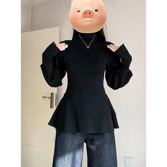 大码胖mm复古设计感收腰半高领T恤打底衫女春修身显瘦灯笼袖上衣