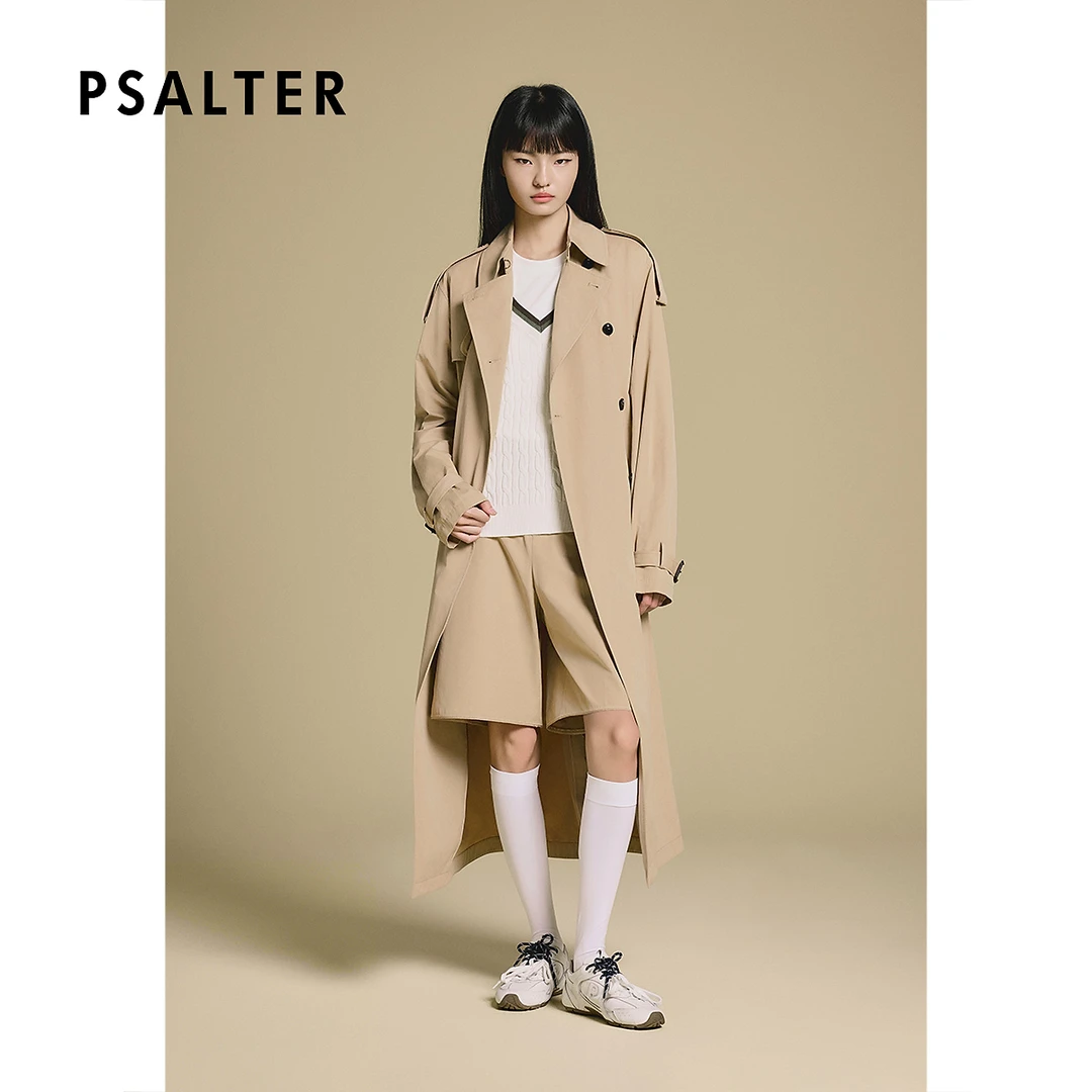 PSALTER诗篇复古经典双排扣翻领系带长款风衣外套2025冬季新款