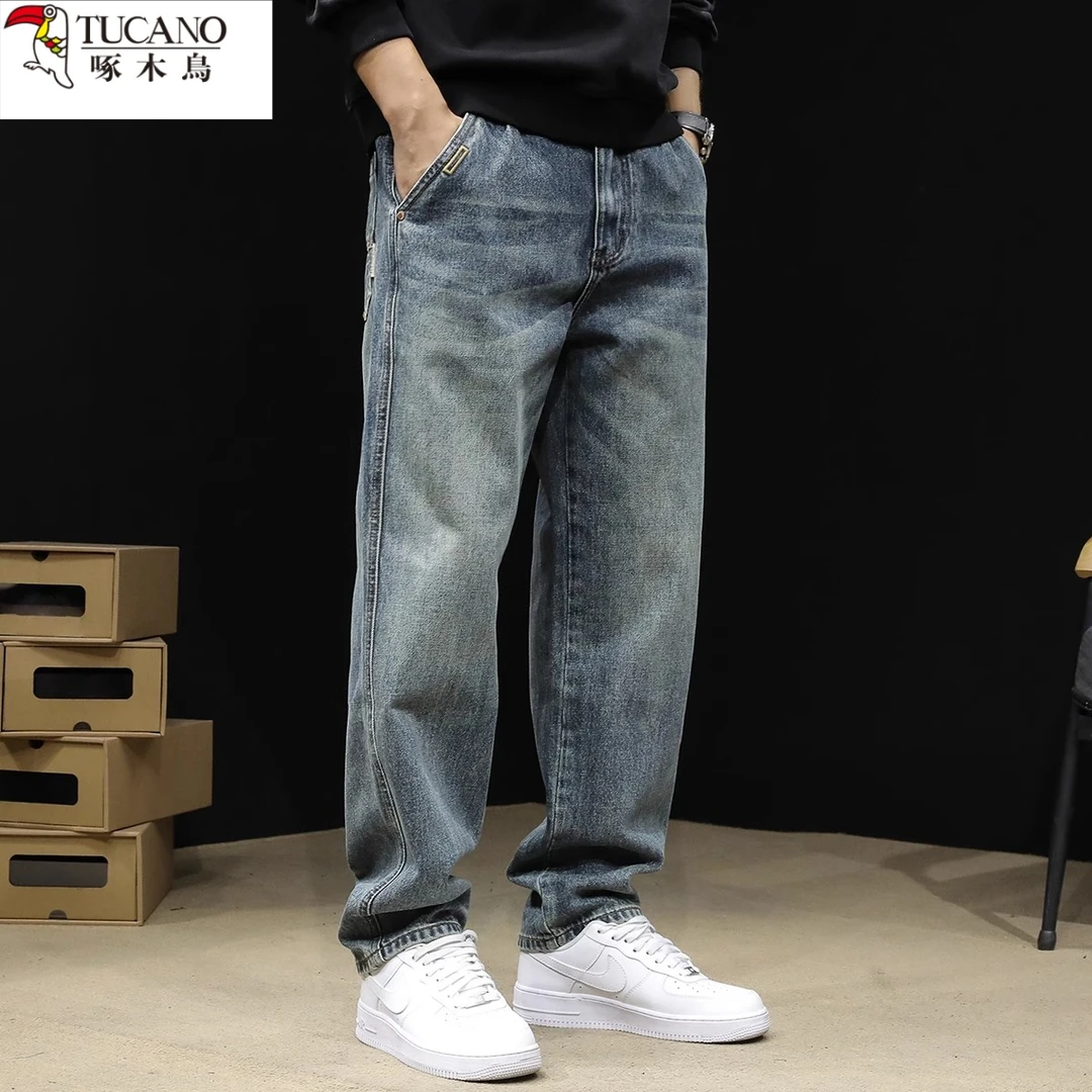 啄木鸟潮牌直筒秋季2025新款宽松男士浅蓝长裤锥形高端裤子牛仔裤